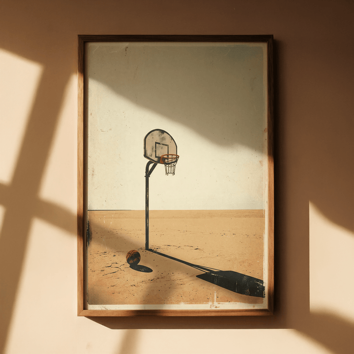 Framed Basketball Hoop Art with a basketball and hoop casting a shadow on a beige wall
