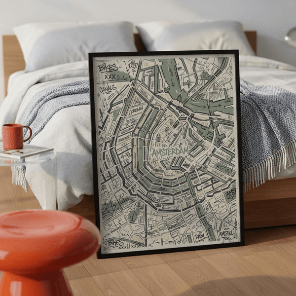 Minimal cartographic Amsterdam map wall art print with layered linework and labels