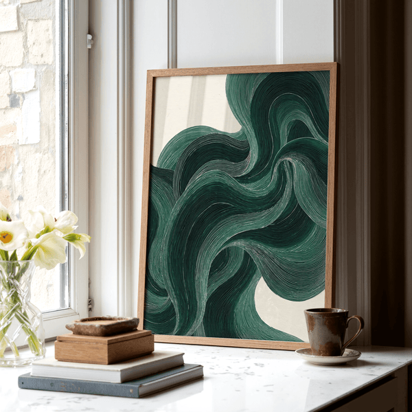 Green Wavy Poster featuring wavy lines, green and beige, office art print