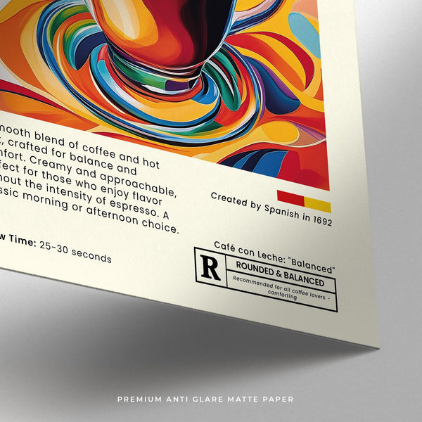 Cafe con leche art print with latte heart foam and colorful swirls.