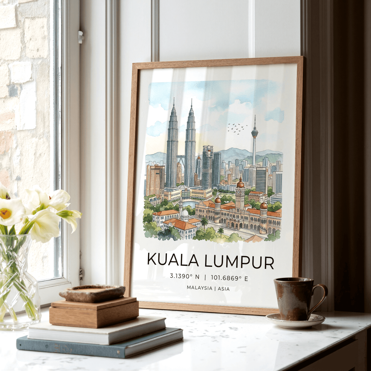 Detailed Kuala Lumpur cityscape wall art print with domed building and high-rises