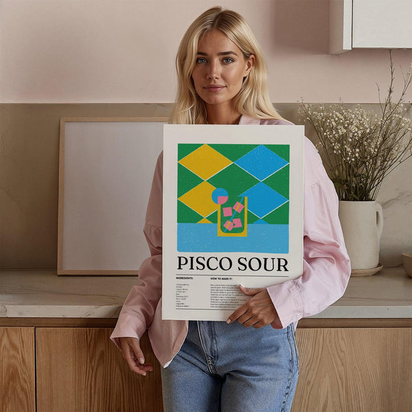 Fun and bright Pisco Sour art print for colorful home bar decor.