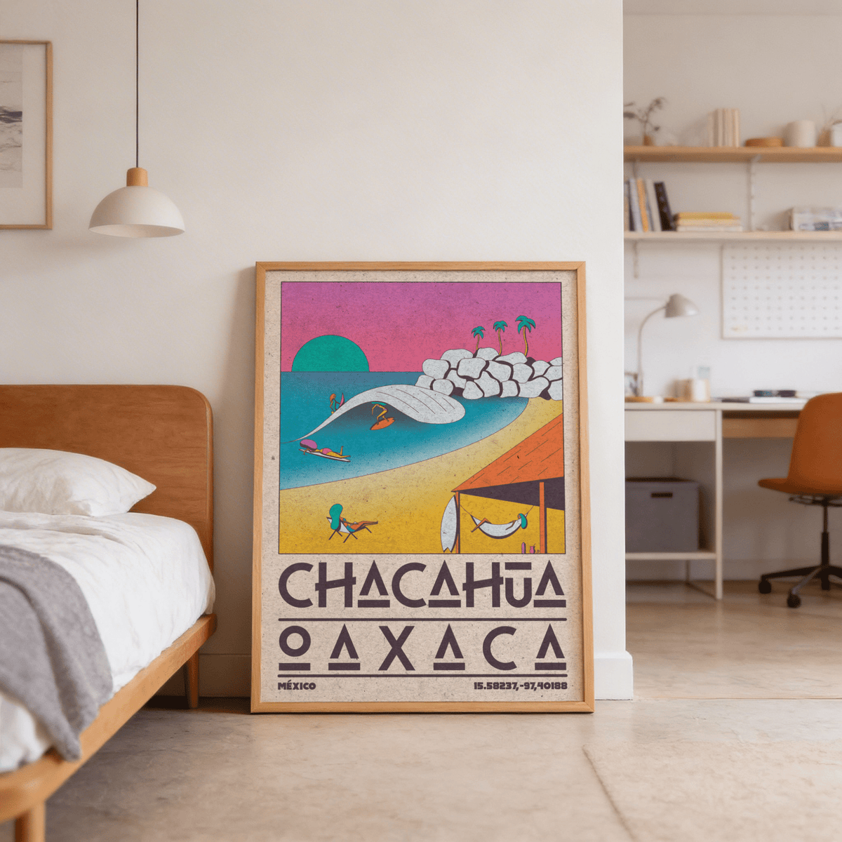 Illustrated coastal wall art print with breaking wave, sun disk over water, and palm trees