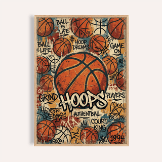 Graffiti basketball wall art poster with central ball and bold HOOPS lettering