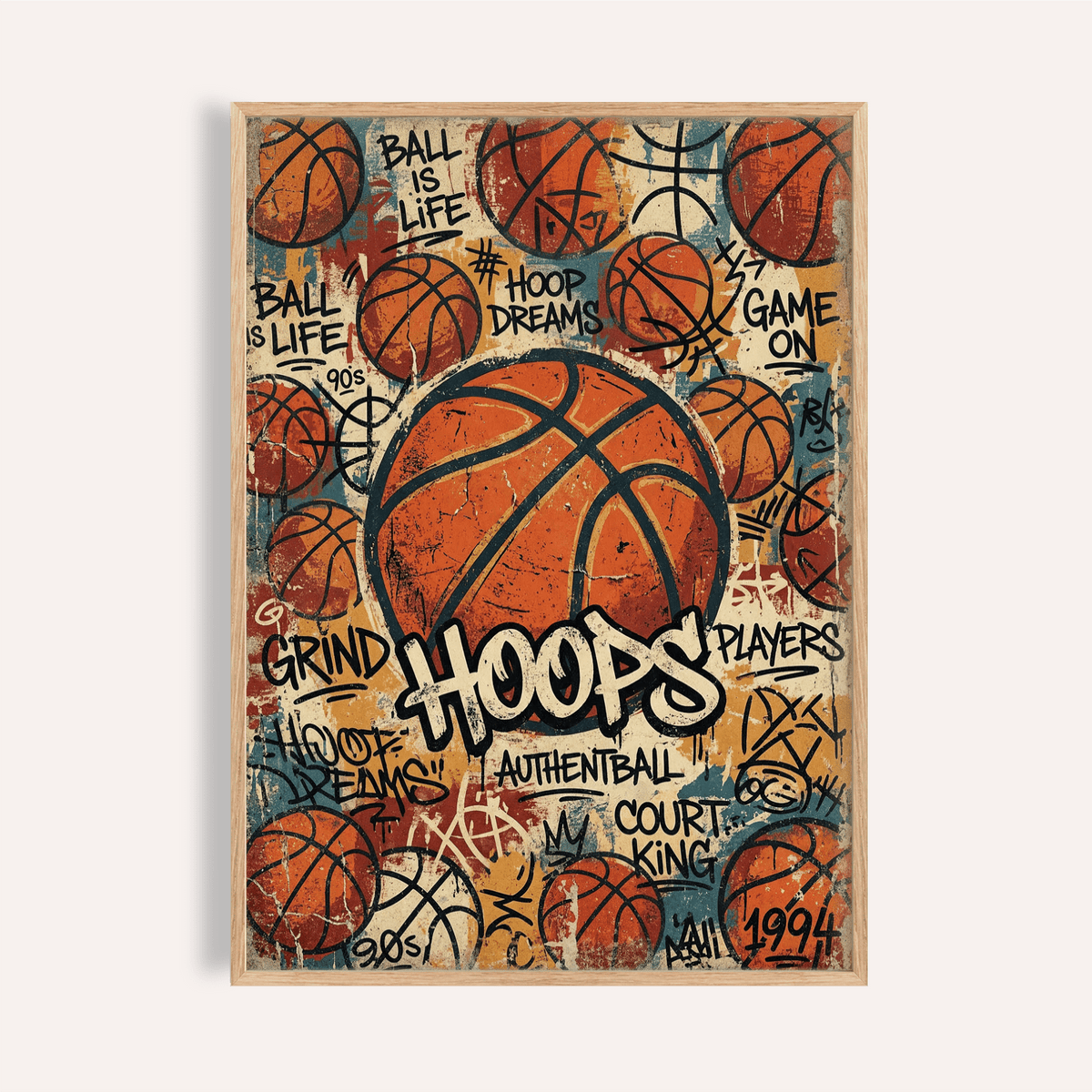 Graffiti basketball wall art poster with central ball and bold HOOPS lettering