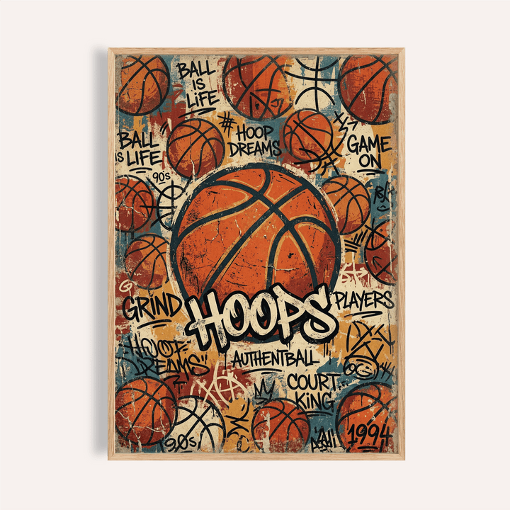 Graffiti basketball wall art poster with central ball and bold HOOPS lettering