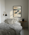 Vintage racing poster print with FORMULA 1 headline and motion-blur car