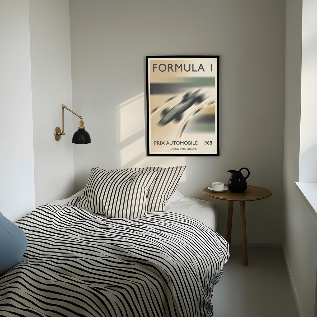 Vintage racing poster print with FORMULA 1 headline and motion-blur car