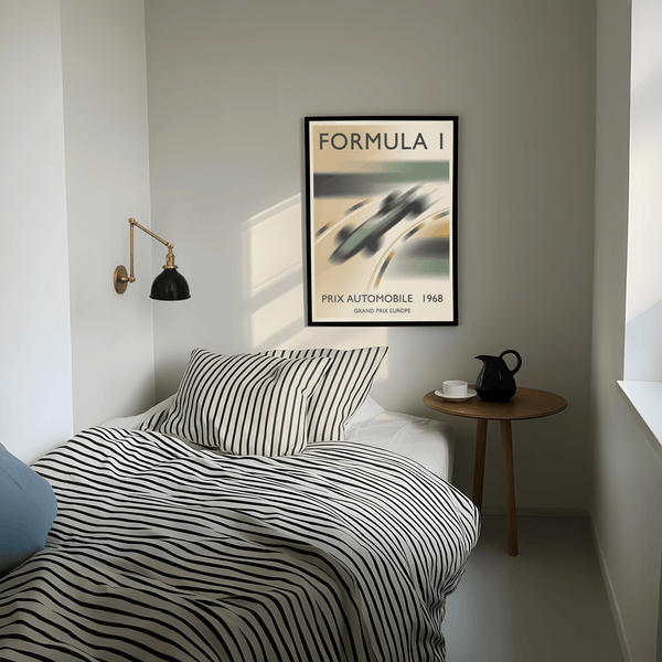Vintage racing poster print with FORMULA 1 headline and motion-blur car