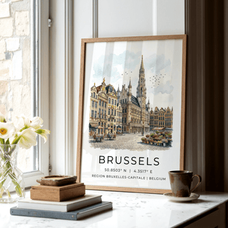 Brussels Architectural Art Print framed on wall above modern console