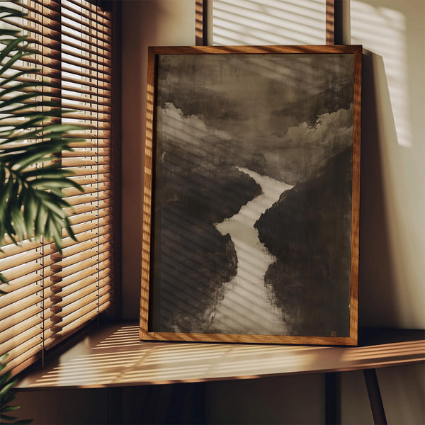 Dark minimalist sumi e art landscape in black and neutral tones.