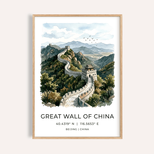 Great Wall of China Art Print showing winding fortification over green hills