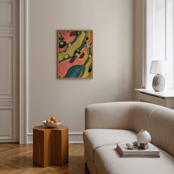 Top-down golf course print showing curved greens, bunkers, and clustered trees