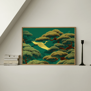 White Crane Artwork art print, modern lounge, green and white