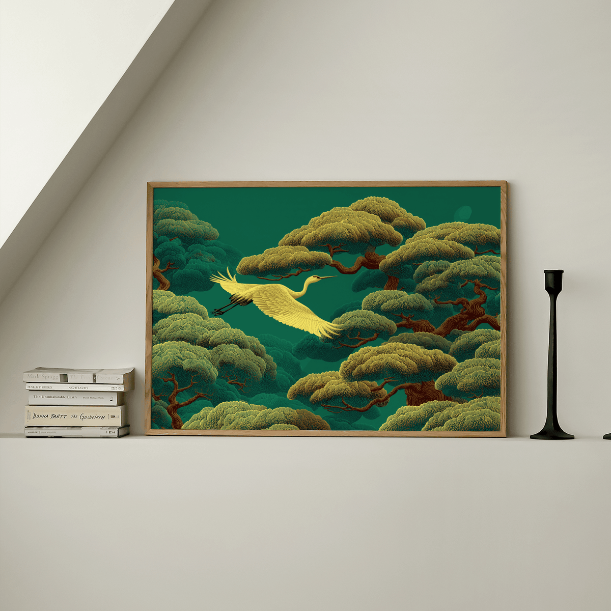 White Crane Artwork art print, modern lounge, green and white