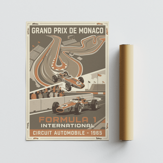 Vintage Car Racing Wall Art showing two open-wheel race cars and a stylized road circuit
