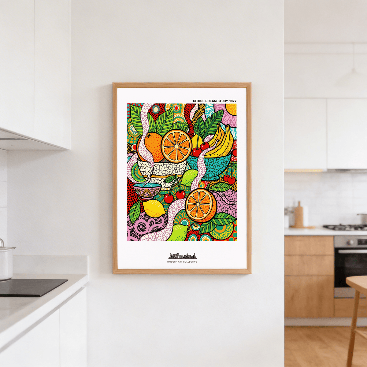 Colorful Fruit Art Print depicting fruit arrangement with text elements
