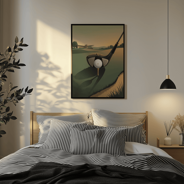 Clean-lined golf wall poster with clubface detail, tee, and dimple texture on the ball
