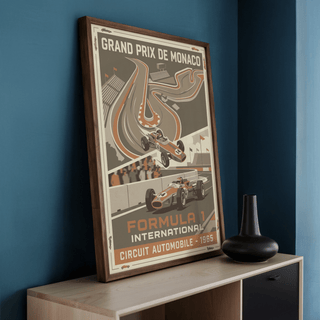 Classic racing wall art print with two formula cars, crowd blur, and track barrier scene