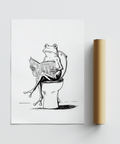 Cartoon Frog Wall Art minimalist poster showing frog sitting on a toilet with newspaper