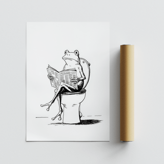 Cartoon Frog Wall Art minimalist poster showing frog sitting on a toilet with newspaper
