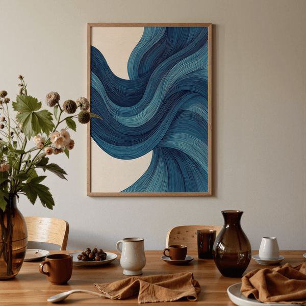Minimalist Abstract Wave Art Blue Beige for stylish lounge walls