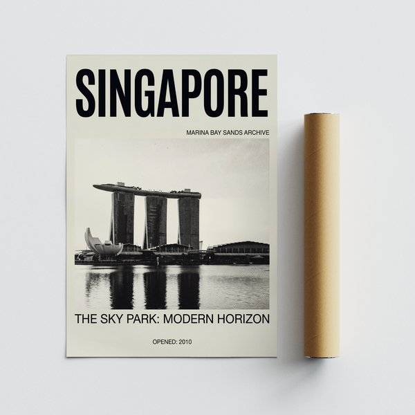 Framing Marina Bay Sands modern architecture poster print with bold top typography and bottom caption text