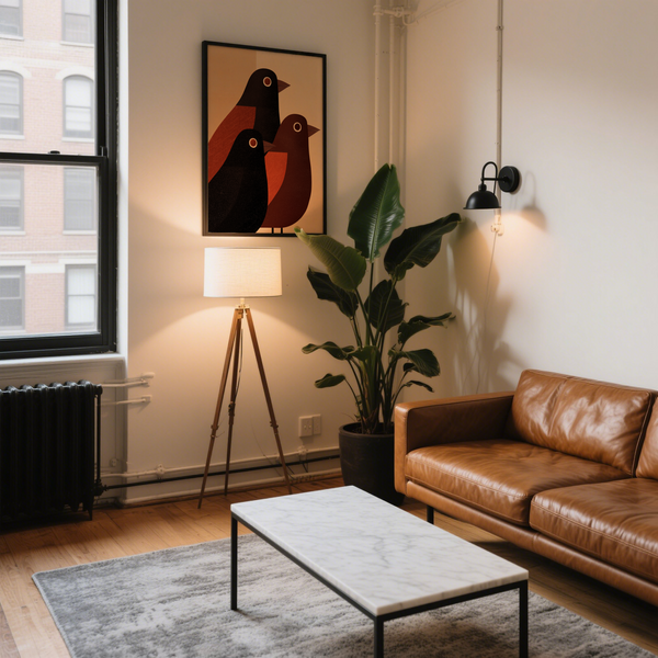 Minimal trio of birds illustration in mid-century colors on paper texture