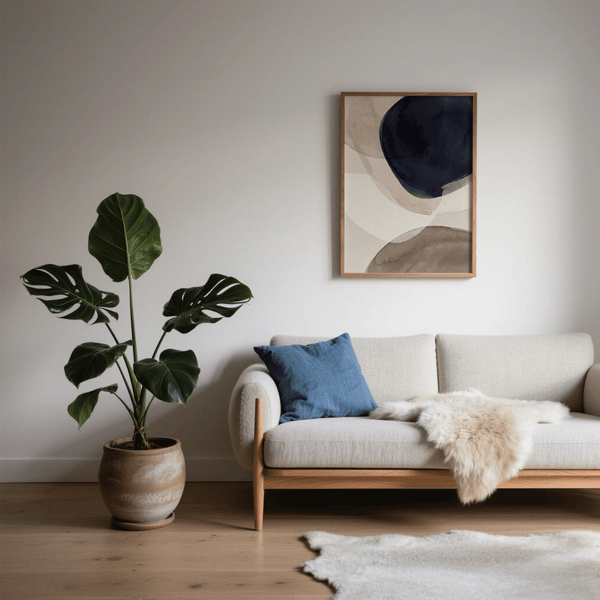 Minimalist Abstract Watercolor Print with blue, beige, brown shades for dining area