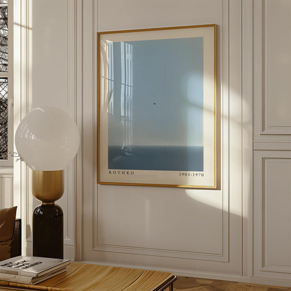 Blue wall art with soft sky gradients and tranquil ocean tone.