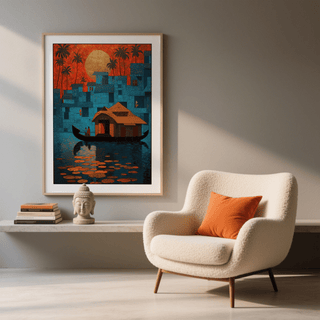 Textured travel-style wall art of a long boat on water with lily pads in the foreground