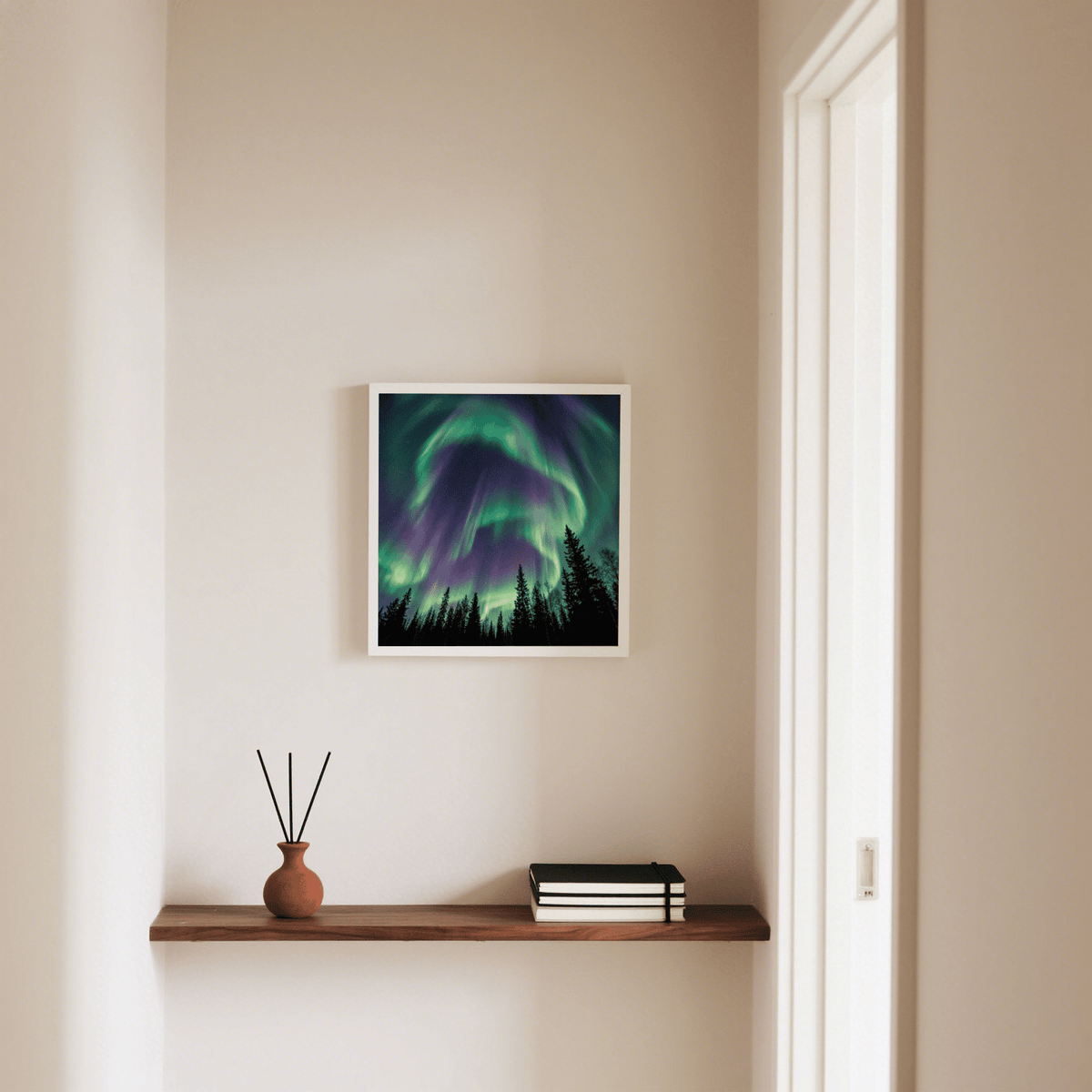 Northern Lights Art Print with purple and black for hallway poster