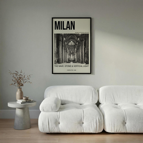 Large-scale cathedral interior print with repeating columns and central perspective