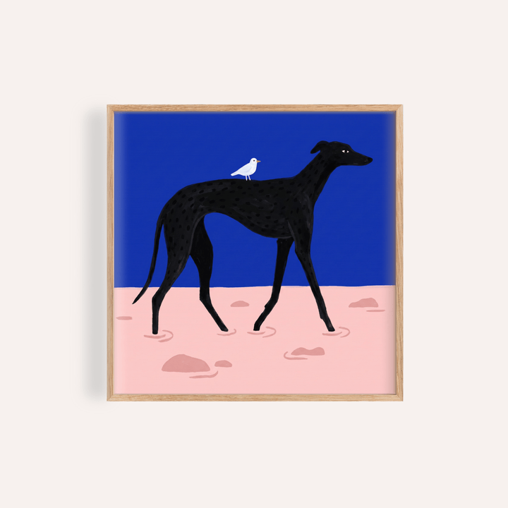 Abstract Black Dog Poster hanging above wooden sideboard