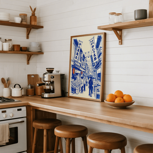 Japanese Market Art Print, white background with blue and red highlights for bedroom