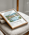 Scenic Geneva Landscape Art Print showing lake, fountain, and alpine backdrop