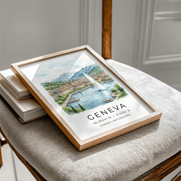 Scenic Geneva Landscape Art Print showing lake, fountain, and alpine backdrop