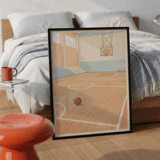 Stepped bleachers and painted key captured in simplified retro style