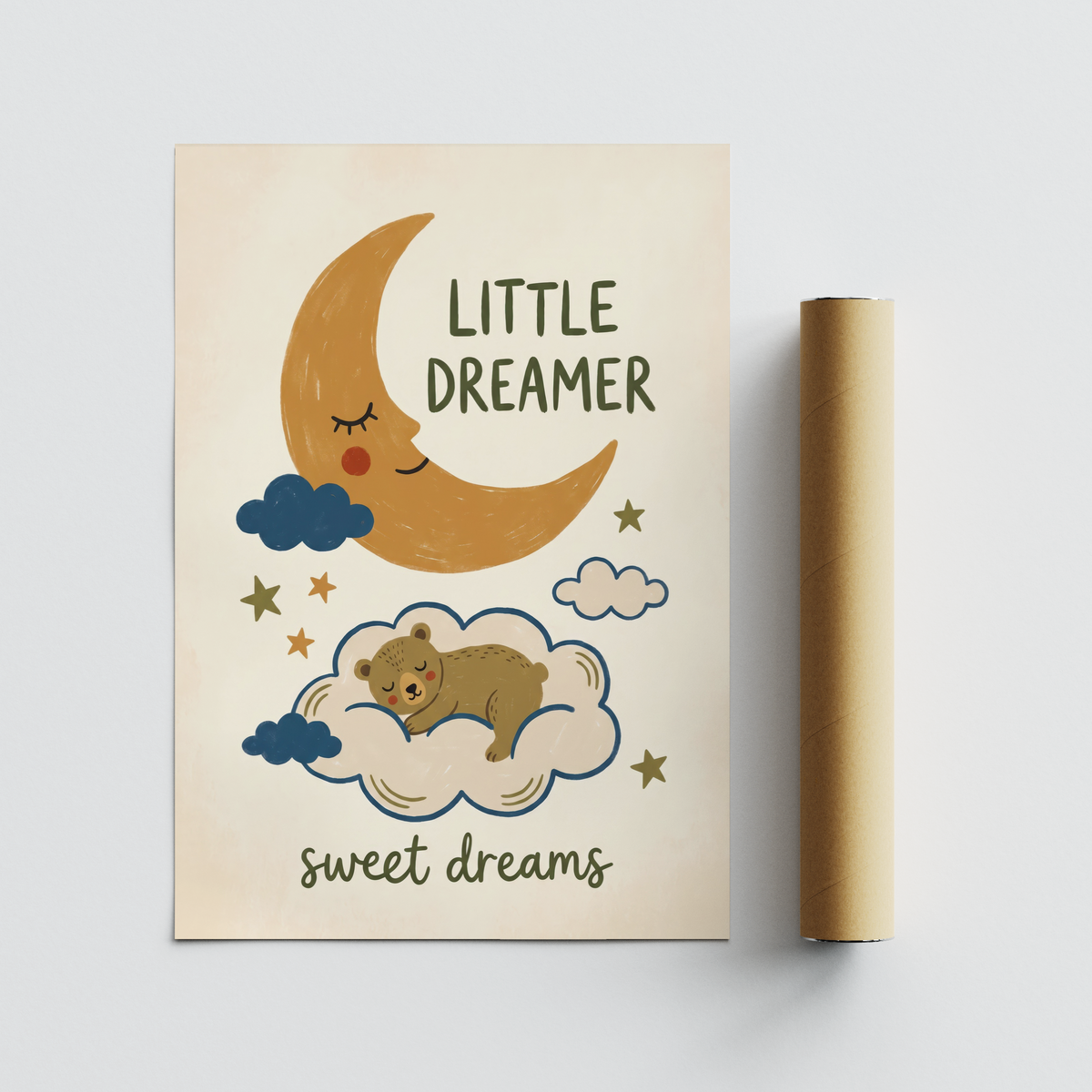 Text-based nursery poster reading “LITTLE DREAMER” with moon and star motifs