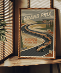 Illustrated Monza Grand Prix Art Print featuring a grandstand crowd and stylized trees near the circuit
