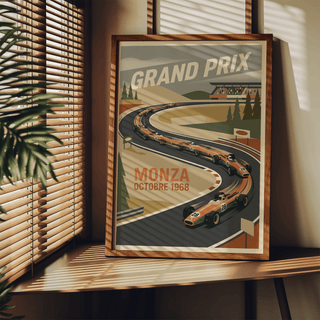 Illustrated Monza Grand Prix Art Print featuring a grandstand crowd and stylized trees near the circuit