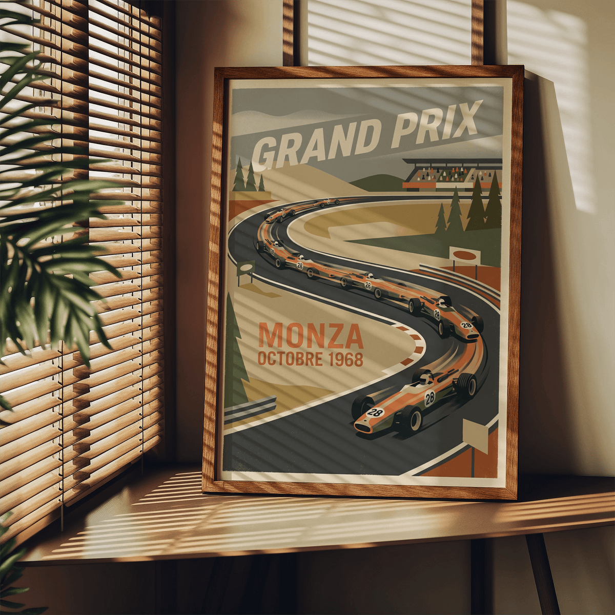 Illustrated Monza Grand Prix Art Print featuring a grandstand crowd and stylized trees near the circuit