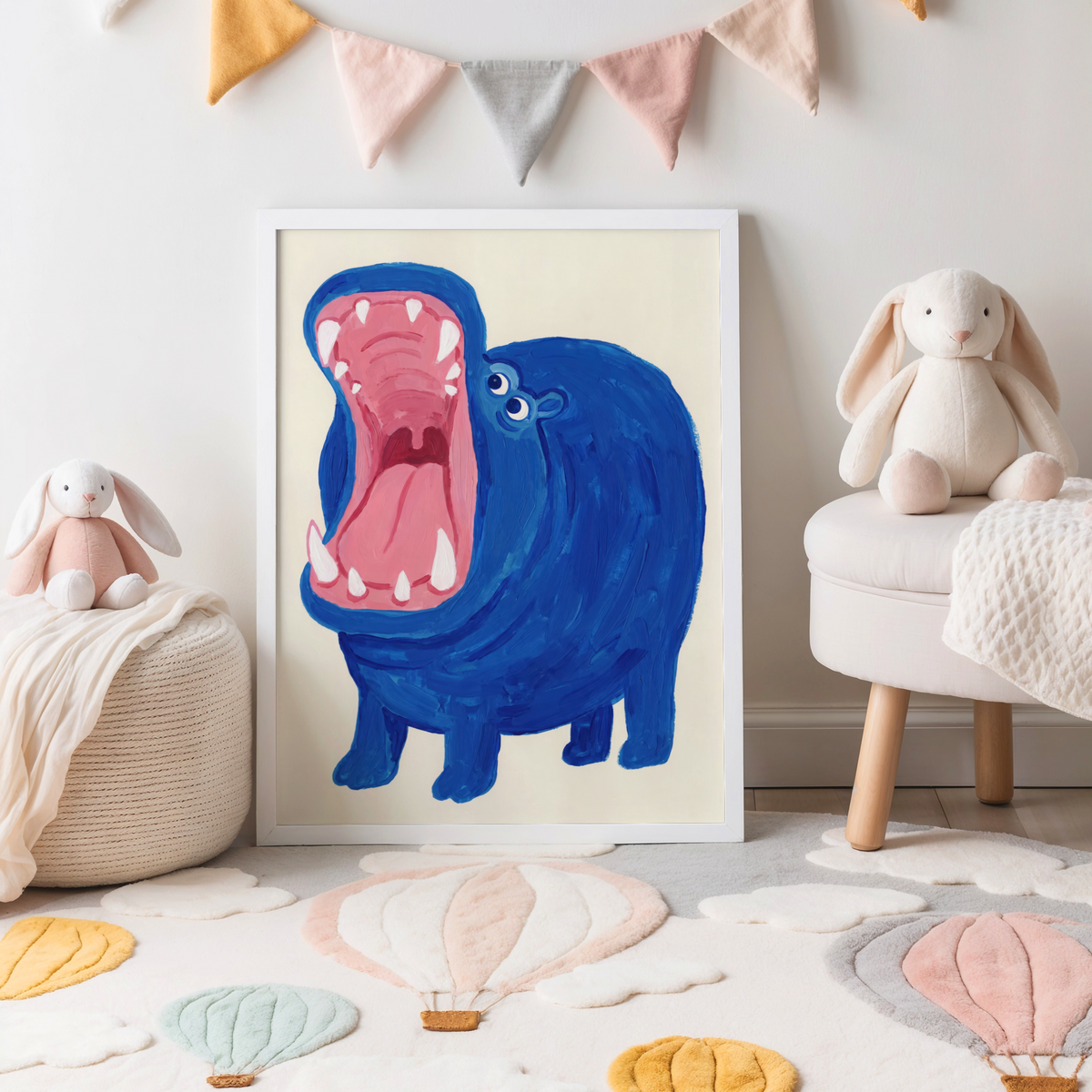 Painterly hippo illustration with visible brushstrokes and open jaws