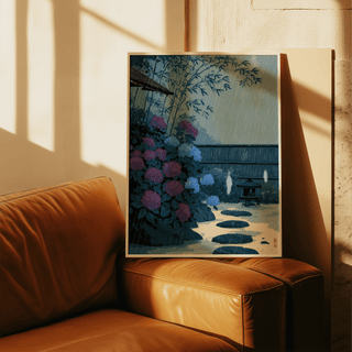 Wide view of Japanese Rain Print wall art with stone lantern, stepping stones, and garden plants