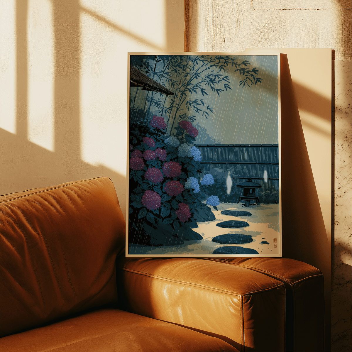 Wide view of Japanese Rain Print wall art with stone lantern, stepping stones, and garden plants