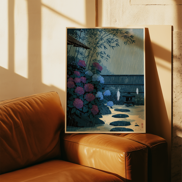 Wide view of Japanese Rain Print wall art with stone lantern, stepping stones, and garden plants