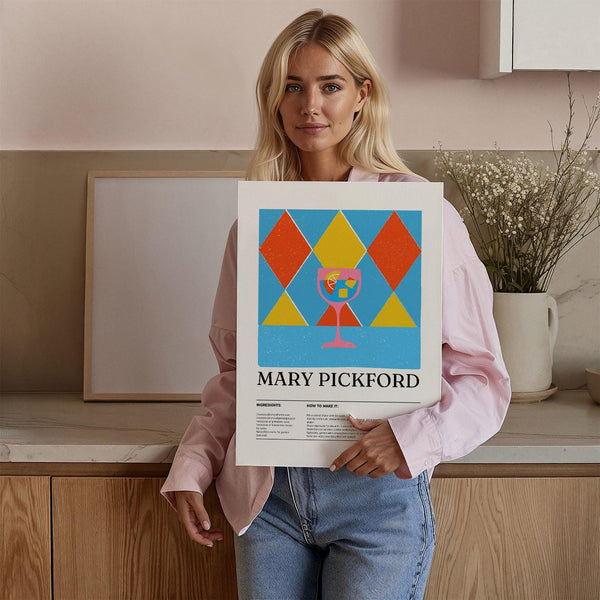 Pictures for kitchen showcasing a Prohibition-era cocktail recipe in bold colors.