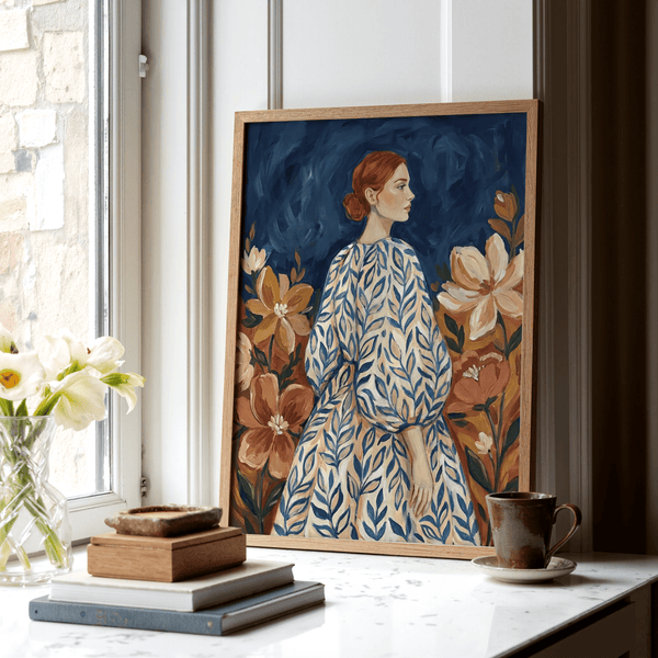Floral Portrait Art featuring elegant flower design, beige and orange tones, hallway print