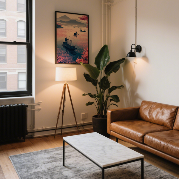 Quiet waterscape Zen Fishing Poster with layered mountain silhouettes and blossom framing