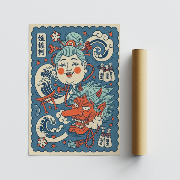 Fox spirit leaping through blue and white cloud swirls